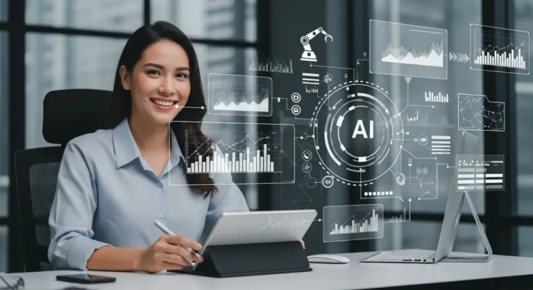 A small business owner confidently overseeing a digitally enhanced workspace, symbolizing the integration and benefits of AI agents for business automation and future growth.