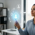 A person observing a holographic display of AI agent symbols, representing the integration of autonomous AI into small business operations.