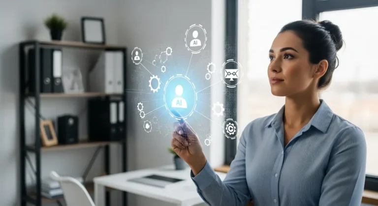 A person observing a holographic display of AI agent symbols, representing the integration of autonomous AI into small business operations.