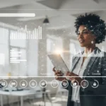 A small business owner confidently observing a digital interface with AI-driven data visualizations and automated workflow elements, symbolizing efficiency and control.