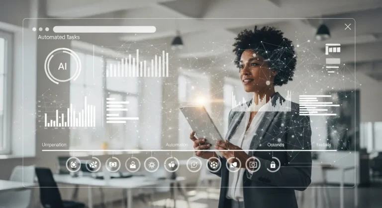 A small business owner confidently observing a digital interface with AI-driven data visualizations and automated workflow elements, symbolizing efficiency and control.