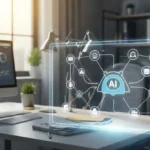 A digital interface with AI elements seamlessly integrated into a modern small business office, symbolizing advanced automation and efficiency.