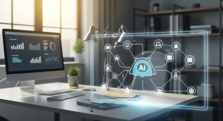 A digital interface with AI elements seamlessly integrated into a modern small business office, symbolizing advanced automation and efficiency.