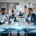 A modern office with business professionals working, overlaid with a holographic interface showing interconnected data, symbolizing AI agents enhancing small business operations.