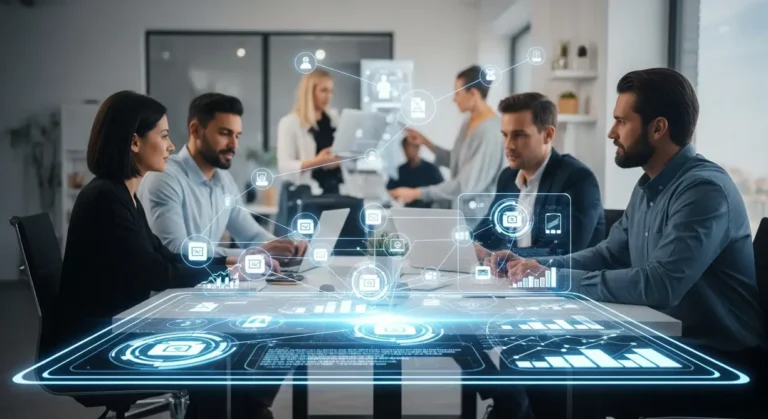 A modern office with business professionals working, overlaid with a holographic interface showing interconnected data, symbolizing AI agents enhancing small business operations.