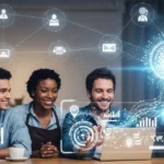 A diverse group of small business owners interacting with a holographic display of AI agents automating various business functions like inventory, customer service, and marketing, symbolizing streamlined operations and growth.