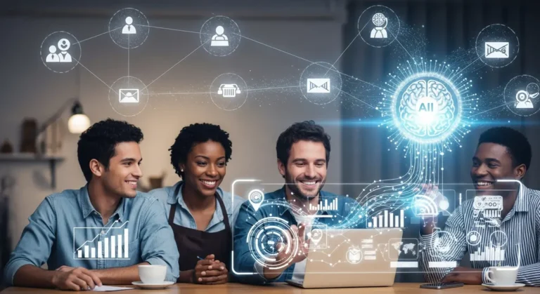 A diverse group of small business owners interacting with a holographic display of AI agents automating various business functions like inventory, customer service, and marketing, symbolizing streamlined operations and growth.
